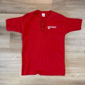 Vintage 80s Snowbird Ski Resort Red Henley Single Stitch Shirt Sz L Alpine Apres